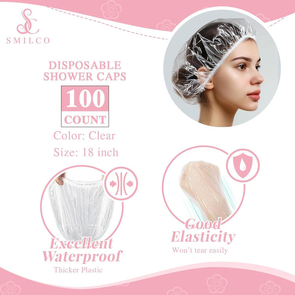 Smilco Disposable Shower Caps 100PCS - 18.1 Inch Large Plastic Hair Cap, Clear Elastic Waterproof Bath Caps - Travel Essentials, Bathing