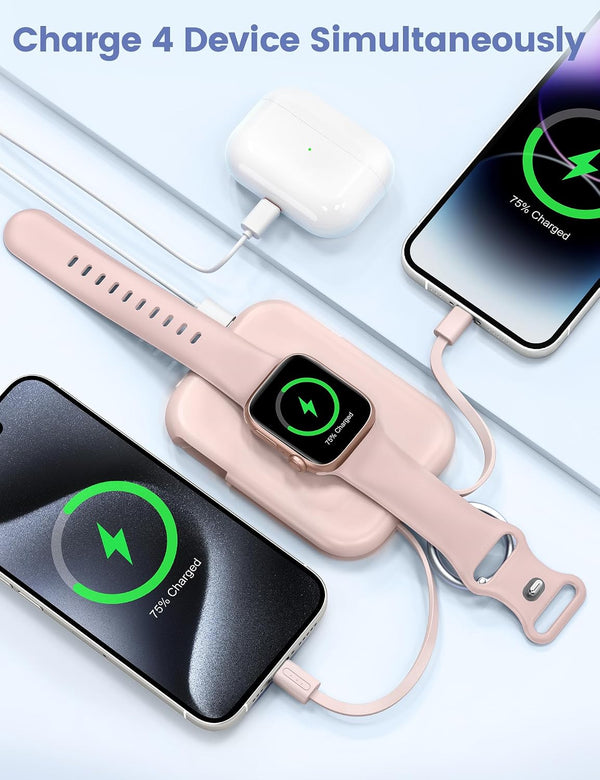 RORRY Portable Charger, 5000Mah Portable Charger Power Bank with Built-In Cables, Travel Keychain Battery Pack for Apple Watch Ultra