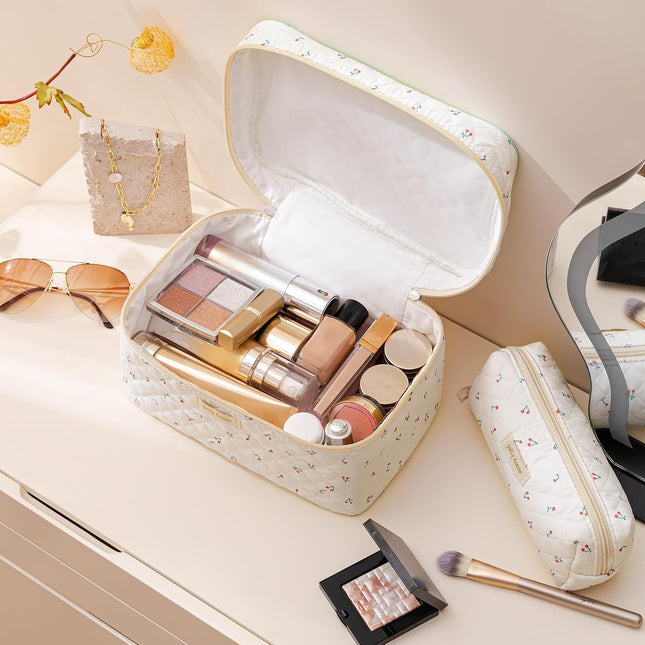 HBselect Quilted Makeup Bag, 3PCS Cotton Large Travel Makeup Bag, Cute Floral Coquette Make up Bag Cosmetic Bag Toiletry