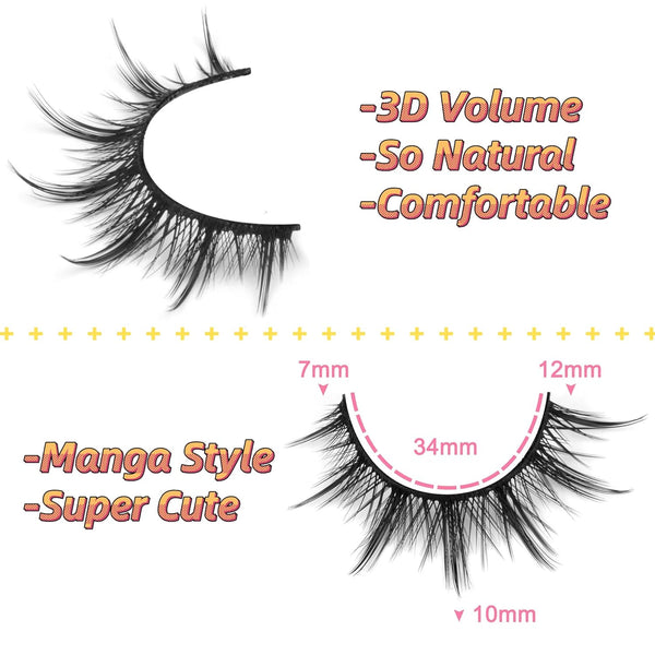 Manga Lashes Natural Look False Eyelashes Anime Lashes Mink Wispy Fluffy Spiky 3D Volume Eyelashes Pack Korean Japanese Asian Cosplay Fake
