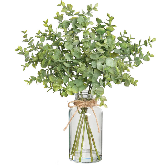 Zheart Fake Eucalyptus Stems in Glass Vase with Faux Water,14" Artificial Plants Eucalyptus Leaves for Shelf Desk Bathro