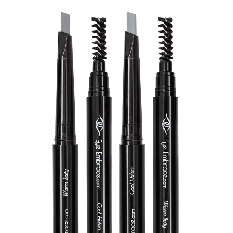 Eye Embrace Light Gray Eyebrow Pencils: Warm Betty & Cool Helen 2 Pack Bundle - Waterproof, Double-Ended Automatic Angled Tip & Spoolie Brush,