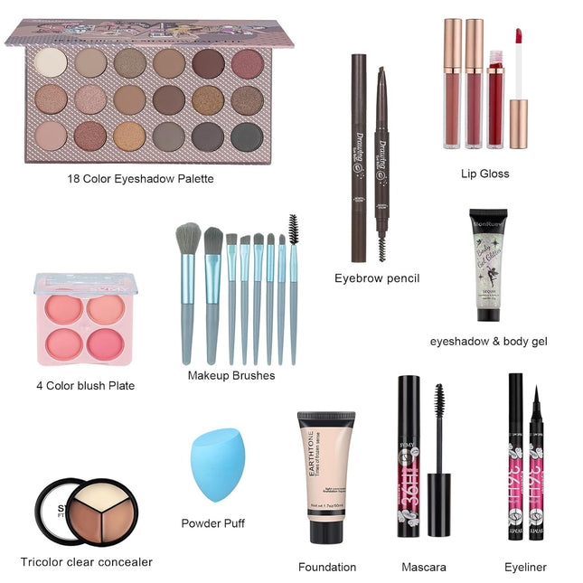 All in One Makeup Kit Includes18-Color Eyeshadow Palette Lip Gloss Brow Pencil Blush Concealer Foundation Mascara & Eyel