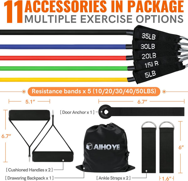Aihoye Resistance Bands for Working Out, Exercise Bands with Handles, Stretch Bands for Exercise, Workout Bands with Door Anchors for Physical