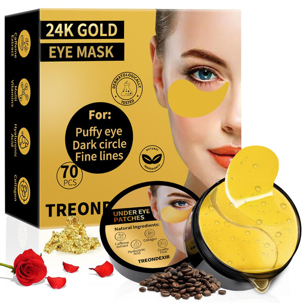 24K Gold Eye Masks for Dark Circles and Puffiness 70PCS, Under Eye Patches for Puffy Eyes Treatment, Under Eye Gel Pads w/ Collagen, Caffeine,
