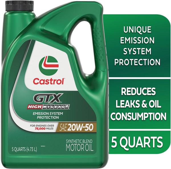 Castrol GTX High Mileage 20W-50 Synthetic Blend Motor Oil, 5 Quarts