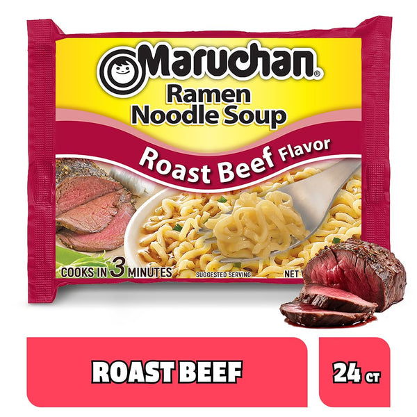 Maruchan Ramen Noodle Soup, Roast Beef Flavor – Japanese-Style Instant Noodles, Quick & Easy Meal for Kids, Students and Busy Families – 3 Oz. (24