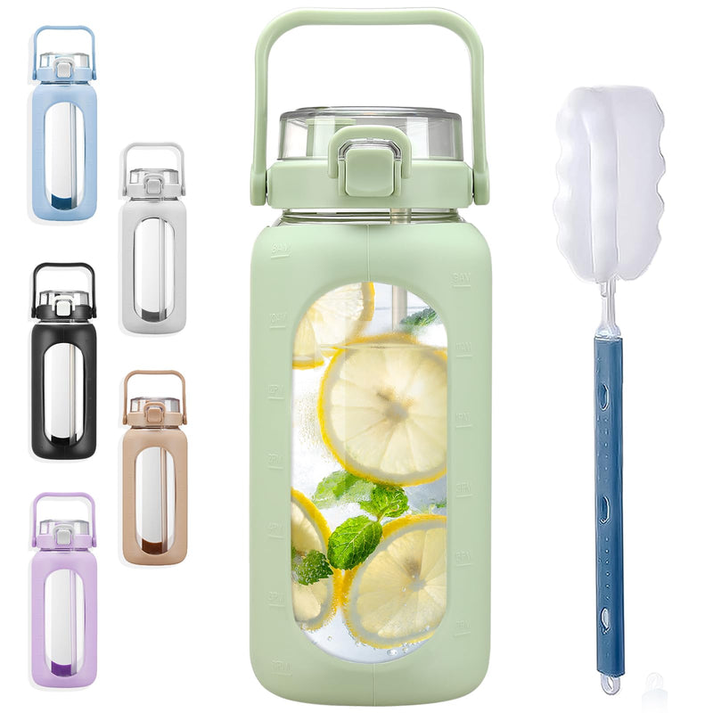 BLUEGO 64Oz Glass Water Bottles with Straw Time Marker Half Gallon Large Motivational Water Bottle with Silicone Sleeve 2 Liter Large Glass Water