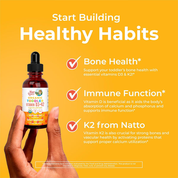 Maryruth Organics Vitamin D3 | Vitamin K2 | Vitamin D3 K2 Drops | K2 D3 Vitamin Liquid Supplement for Toddlers | Kids Supplement for Calcium