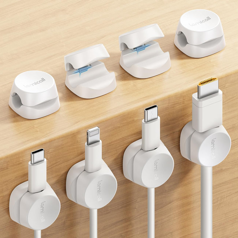 Lamicall 8 Pack Cord Organizer, [1s Lock] Spring Cable Management Clips - Adhesive Phone Cord Holder Clips for Nightstand Desk Car Office Home
