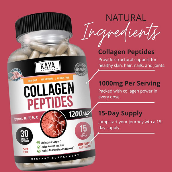 Kaya Naturals Multi Collagen Peptides Complex Powder for Women and Man, Vital for Hair, Skin, Nails, and Anti-Aging, Types I, II, III, V & X