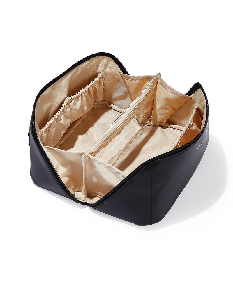 EACHY Travel Makeup Bag, Large Capacity Cosmetic Bag for Women, Waterproof PU Leather, Flat Open Portable Toiletry Bag for Skincare, Brushes &