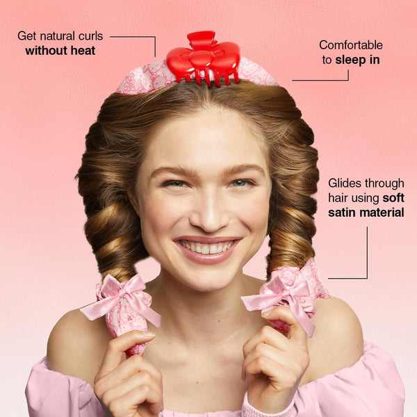 Hello Kitty X Kitsch XL Satin Heatless Curling Set- Heatless Hair Curler to Sleep in for Frizz-Free & Soft Curls, Comes with Bow Shape Design Hair