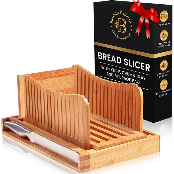 Bread Slicer for Homemade Bread - Bamboo Bread Slicer with Knife, Foldable Bread Slicing Guide with 3 Adjustable Thickness, Crumb Tray, Bread