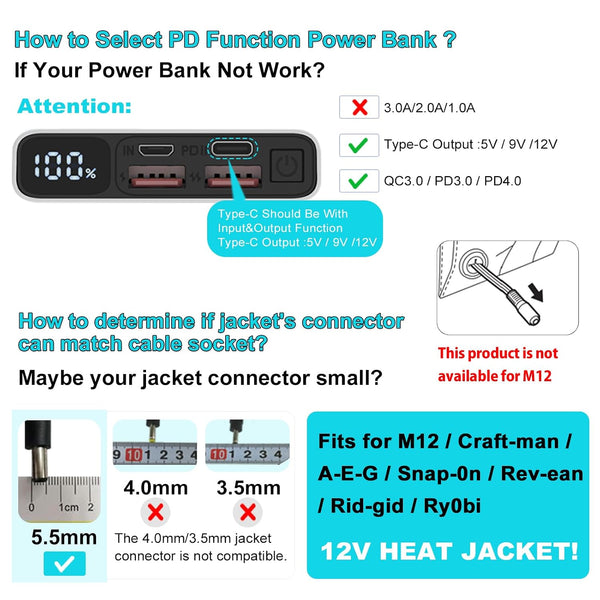 12V Heated Jacket Battery Step-Up Adapter Charger Cable Compatible with Milwaukee, M12, Makita, Snapon, Metabo, Craftsman, AEG Gear (TypeC Stepup
