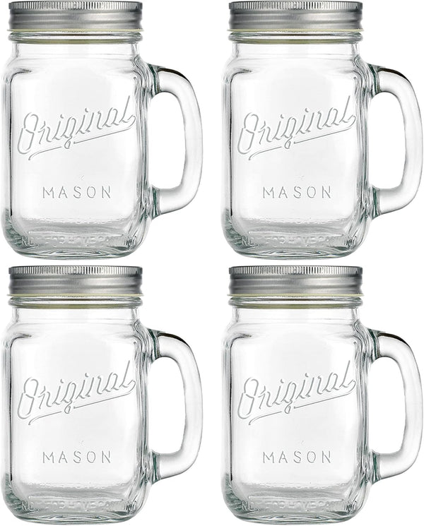 Glaver's Mason Jar 16 Oz. Glass Mugs with Handle and Lid Set Of 4 - Home Essentials & Beyond - Old Fashioned Drinking Glass Bottles Original Mason