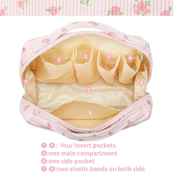 Bluboon Makeup Bag Zipper Pouch Travel Toiletry Bag Portable Cosmetic Bag Organizer for Women and Girls(Strawberry Corduroy Beige) Beige