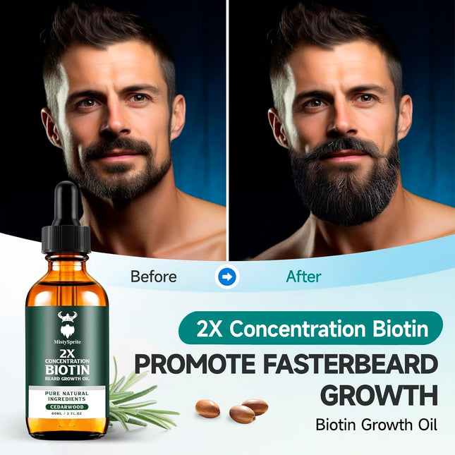 Beard Growth Oil - 2X Concentration Biotin Beard Oil for Men (2 oz) - Natural Mens Beard Oil with Argan Oil, Jojoba Oil 