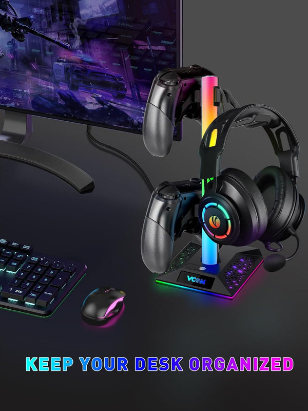 RGB Gaming Headphones Stand with 2 USB Ports Headset Stand with 10 Light Modes and Non-Slip Rubber, Suitable for All Earphone Accessories, Best