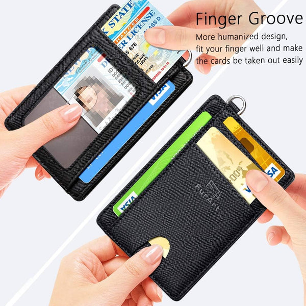 FurArt Slim Minimalist Wallet RFID Credit Card Holder for Men | slim minimalist compact rfid id window thin small Saffiano Black