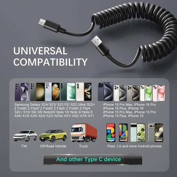 USB to USB C Cable Coiled Car Charger, C Charger Fast Charging Cord 3Ft for Carplay 60W 3A Retractable Auto USB a to USB C for Iphone 16 15 Galaxy