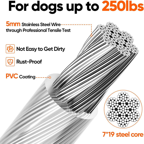Tresbro 15FT Reflective Tie Out Cable for Dogs Up to 250 Pounds, Steel Wire Lead Leash Cable with Stainless Dual Fix Buckle, Lightweight and