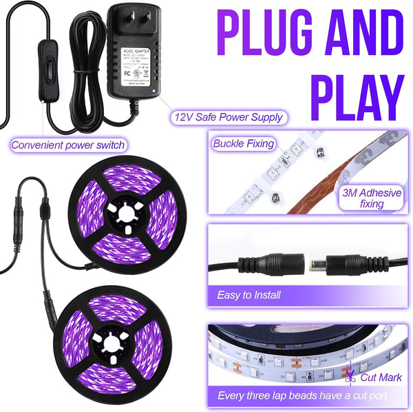 66ft/20M LED Black Light Strip Kit, 1200 Units Lamp Beads, 385nm-400nm, 12V Flexible Blacklight Fixtures, 20M LED Ribbon, Non-Waterproof for