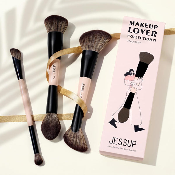 Jessup Face Makeup Brushes 3pcs Double Ended Makeup Brush Set for Foundation Contour Blush Highlight and Powder, Premium Synthetic Make up Brushes