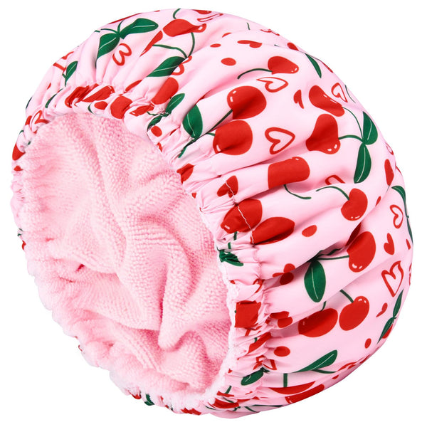 Shower Cap for Women Terry Lined Bath Cap Large Reusable Waterproof Elastic Band Pink Cherry Shower Caps for Long Thick Hair Soft Bath Shower Hair