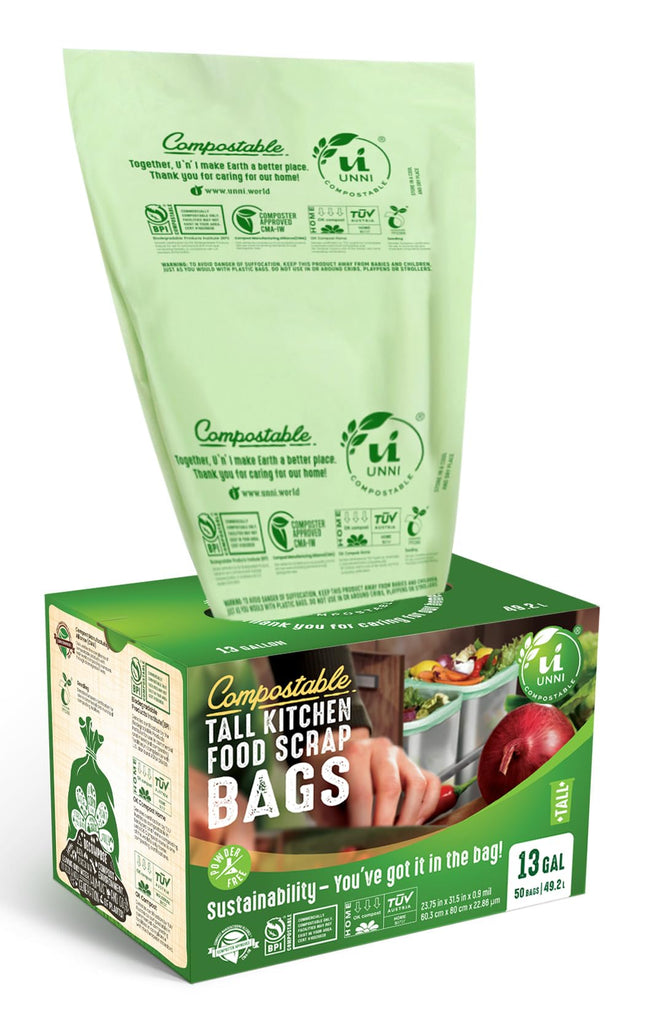UNNI Compostable Liner Bags, 13 Gallon, 49.2 Liter, 50 Count, Heavy Duty 0.9 Mil