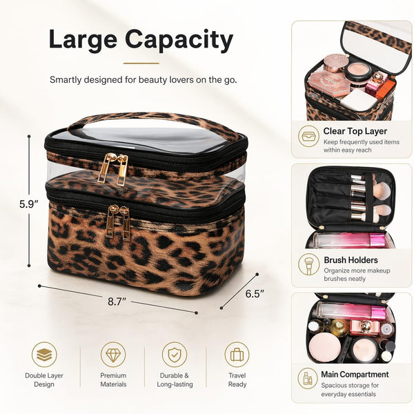 Double-layer Cosmetic Bag Makeup Bag Travel Makeup Bag Makeup Bags for Women Cosmetics Cases Portable Waterproof Foldable (Leopard) 00-Brown