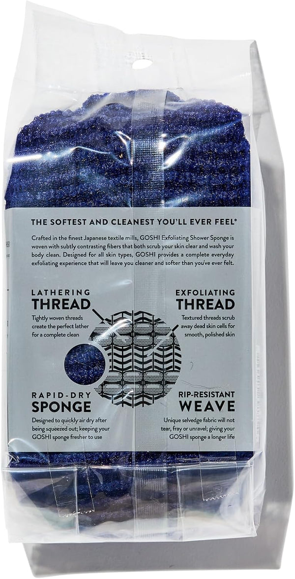 GOSHI Exfoliating Shower Sponge - Rip-Resistant, Rapid-Drying Exfoliating Bath Sponge for All Skin Types - Indigo Blue - Made in Japan |