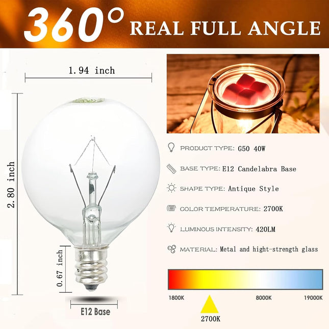 40W Light Bulbs,Wax Warmer Bulbs,E12 Candelabra Base 120 Volt round Light Bulbs for Full Size Scentsy Warmer ,Wax Melt W