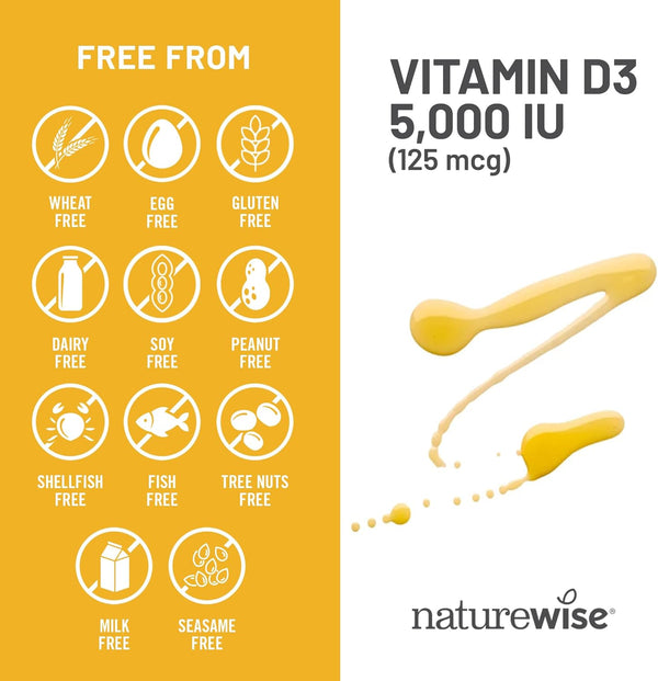 Naturewise Vitamin D3 5000Iu (125 Mcg) 1 Year Supply for Immune Support, Healthy Muscle Function, and Bone Health - Non-Gmo, Gluten Free in