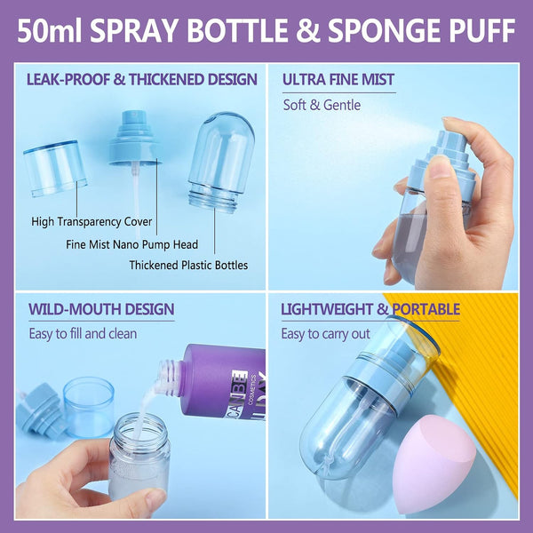 Long Lasting Makeup Setting Spray Kit- 6.76 Fl oz Hydrating Matte Finish Mist Lightweight Face Make up Fixer +Travel Size Spray Bottle+Sponge Puff