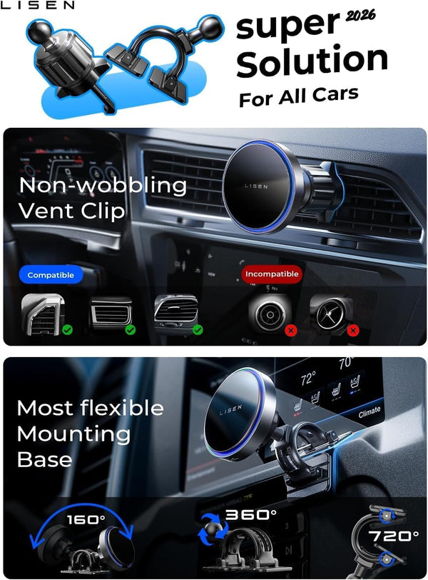 LISEN 15W MagSafe Car Mount Charger, Magnetic Phone Holders for Your Car Black Gray 1 Count