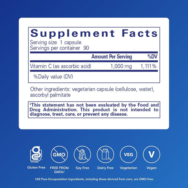 Pure Encapsulations Ascorbic Acid Capsules - 1,000 Mg Vitamin C - Antioxidant & Immune Support* - High-Potency Vitamin C - Vegan & Non-Gmo - 90