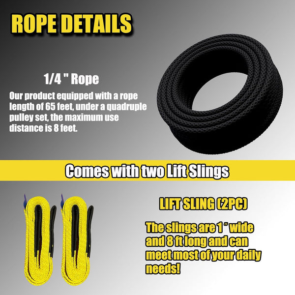 Block and Tackle 4400LBS Breaking Strength Heavy Duty Pulley Hoist, 65 Ft Rope, 7:1 Lifting Power, 2 Pcs 8 Ft Lift Sling (Black)
