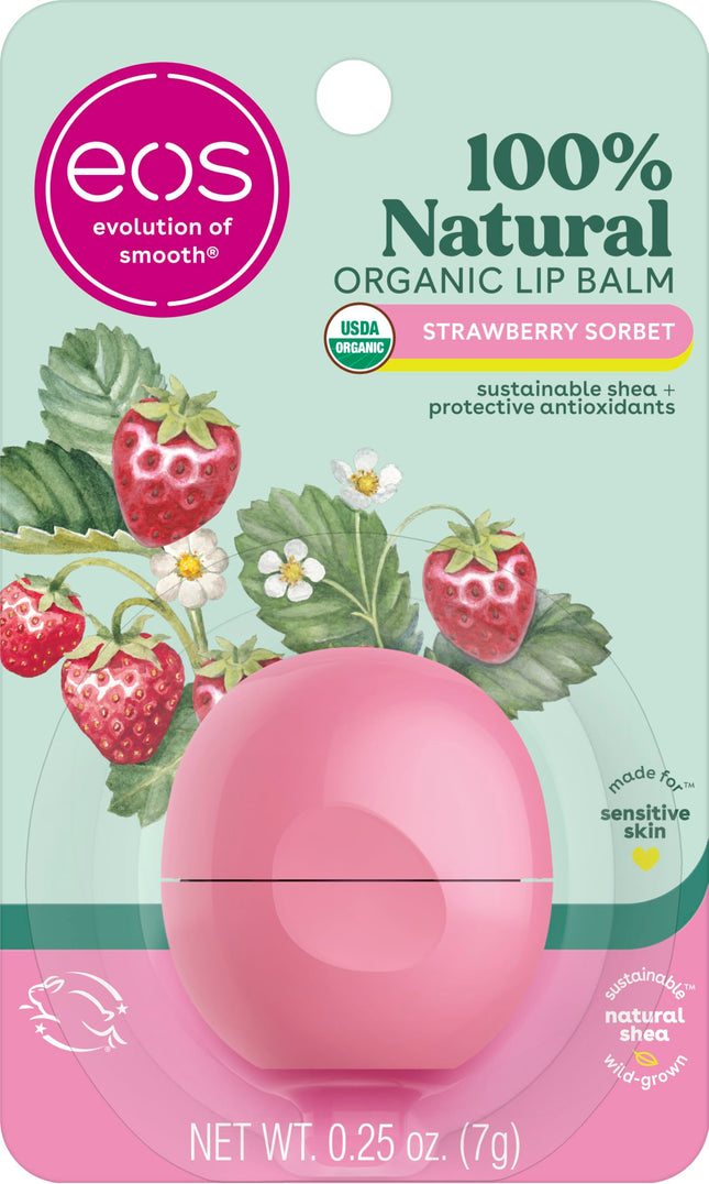 eos 100% Natural & Organic Lip Balm - Strawberry Sorbet, All-Day Moisture, Dermatologist Recommended for Sensitive Skin Care, Lip Care Products,