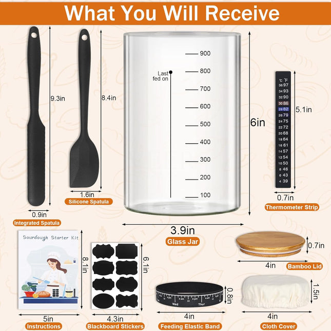 Sourdough Starter Jar Glass, 34 Oz DIY Wide-mouth Pro Sourdough Starter Jar Kit with Silicone Spatula,Cholkboard Sign, h