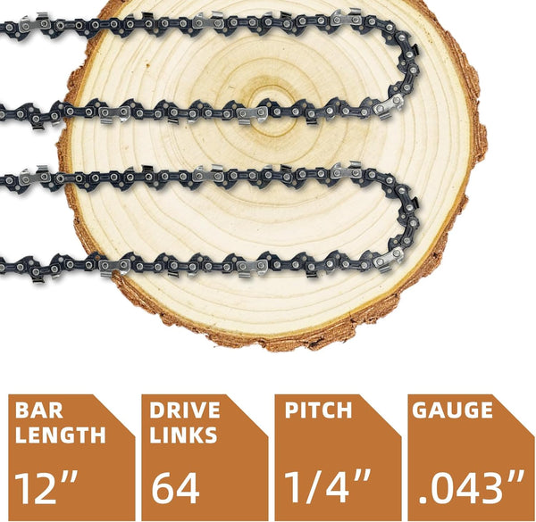 2 Pack 12 Inch Chainsaw Chain 1/4"LP Pitch .043" Gauge 64 Drive Links, Replacement Pole Saw Chain 12 inch Chainsaw Chains Fits for Stihl MSA120