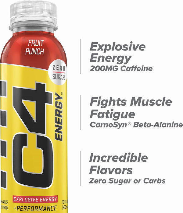 C4 Energy Non-Carbonated Zero Sugar Energy Drink, Pre Workout Drink + Beta Alanine, Fruit Punch, 12 Fl Oz (Pack of 12) Fruit Punch 12 Fl Oz (Pack