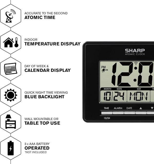 Sharp Atomic Digital Alarm Clock | Auto Set, Time Display, Date Display, Temperature Display