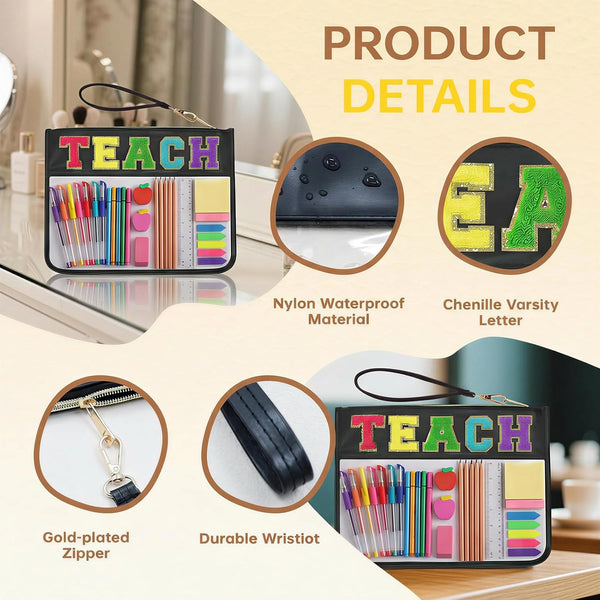 Chenille Letter Clear Zipper Pouch for Travel Preppy Patch Makeup Bag-Nylon Cosmetic Preppy Makeup Waterproof Organizer Bag Set for Women
