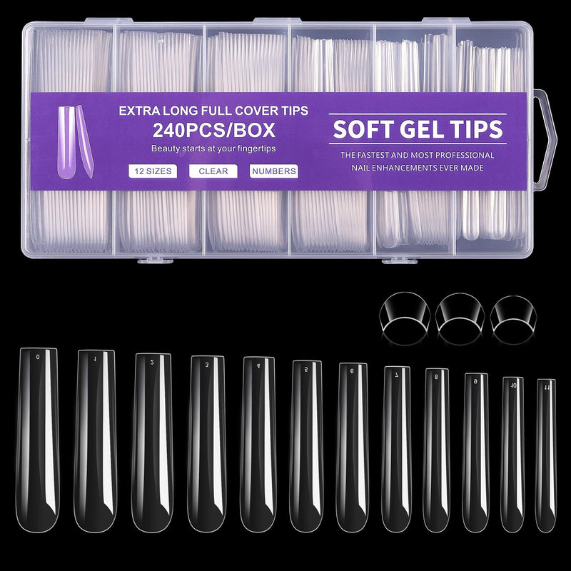 Nail Tips Square 3XL Extra Long Tips, 240Pcs Soft Gel Nail Tips Fake Nails, 12 Sizes Acrylic Clear False Full Cover Press on Extension No Trace