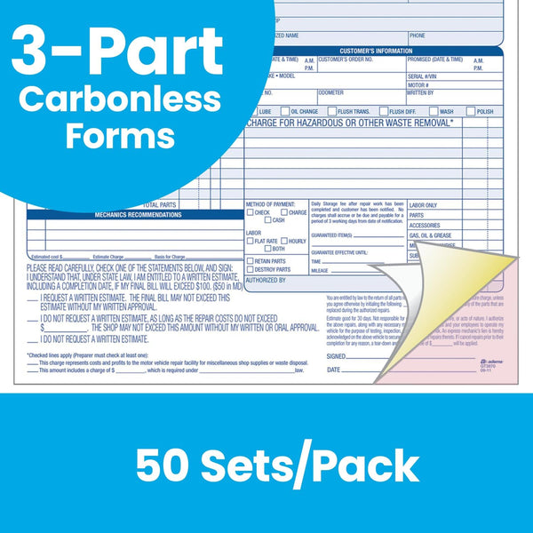 Adams Auto Repair Order Forms, 8.5 x 7.44 Inch, 3-Part, Carbonless, 50-Pack, White and Canary (GT3870) 50-Pack Repair Order Forms