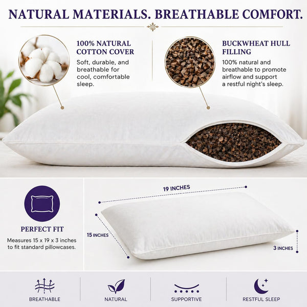 Sobakawa Traditional Buckwheat Standard Size Pillow Organic Cotton with Natural Technology for Cool Sleep, Neck Support for Back and Side Sleepers