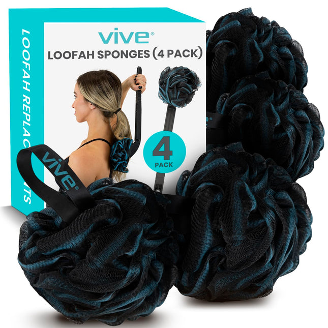 Vive Loofah Sponge Replacement (4 Pk) Shower & Bath Pouf Scrubber for Back & Bod