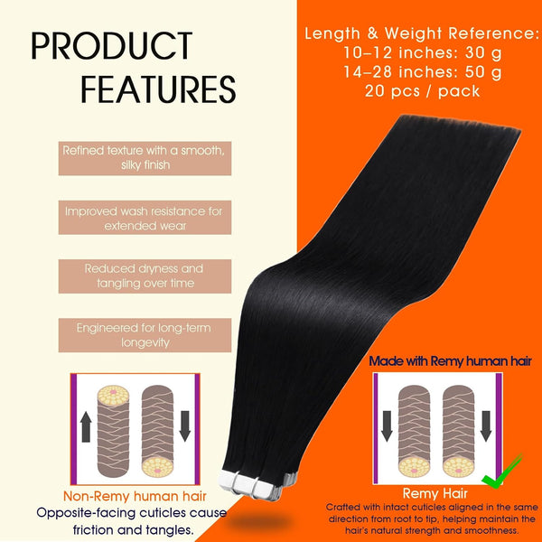 Full Shine Tape In Hair Extensions Human Hair, Jet Black 10 Inch 30G 20Pcs | Remy Tape Ins, Seamless Invisible Black Hair Extensions, Straight