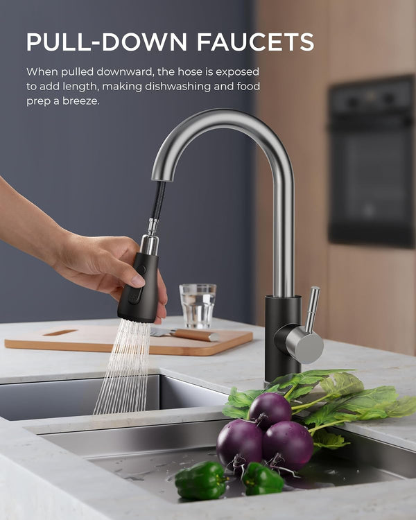 FORIOUS Kitchen Faucets with Pull Down Sprayer, High Arc Single Handle Classic Stainless Steel Sink Faucet 1 or 3 Hole, Suitable for Farmhouse